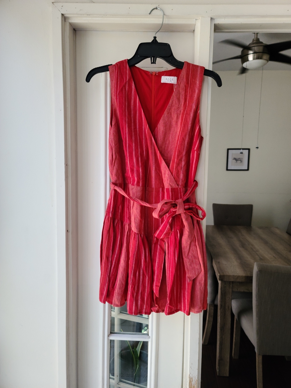 Sage Pink-Red Striped Wrap Dress with Waist Tie
